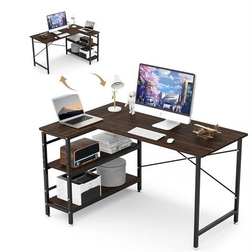 DEWELコーナーデスクL字デスクパソコンデスク耐荷重140 KG幅130 cm奥行90 cm高さ75 cm机左右入替 棚高さ調整可アジャスター付きテレワーク用在宅勤務用収納ラック付き省スペース組み立て簡単