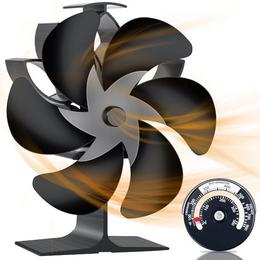 ストーブファン電源不要自動静音省エネエコファン室内空気循環薪ストーブ/暖炉用品暖房用防寒対策6つブレード火力熱炉ファン温度計付き(ブラック)