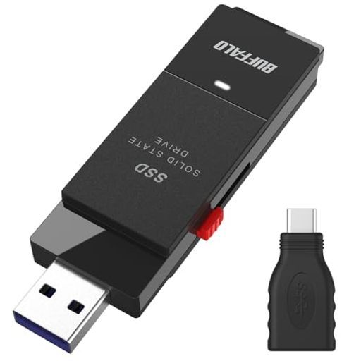 バッファローSSD外付け1 0 TBUSB 3 2 Gen 2読込速度600 MB 秒PS 5 PS 4メーカー コンパクト小型Type Cアダプター付属ブラック iPhone 16 pro