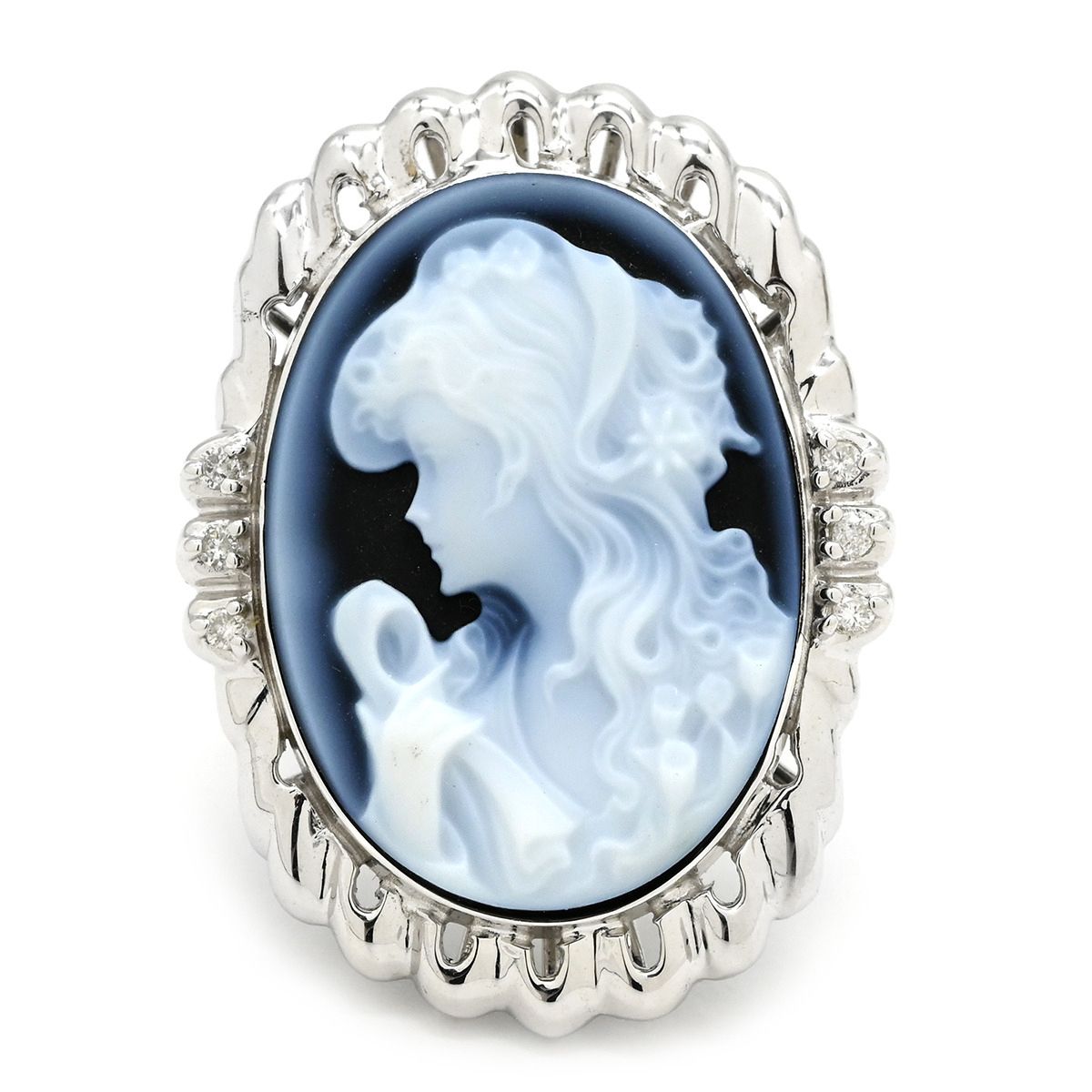リング 指輪 カメオリング ダイヤ ホワイトゴールド カルセドニー 彫刻 ダイヤモンド 18 K WG 750 アンティーク 15号