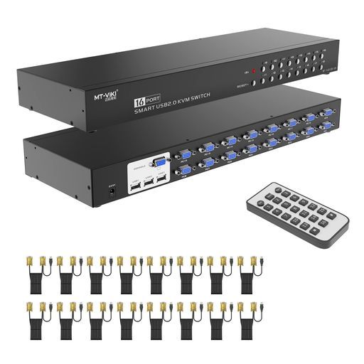VGAKVMスイッチ16ポートUSB 2 0 MT VIKI切替器16入力1出力KVMコンソール16ポートマニュアルセレクター1 Uラックマウント対応メタルボックスアダプター16本のVGAUSBKVMケーブル付き