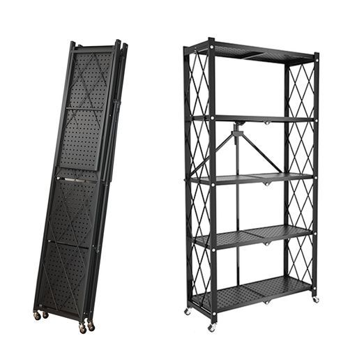 メタルラック折り畳み組立簡単 本体完成品 キャスターを付けるだけ キャスター付き収納スチールキッチンラック食器棚オープンラックレンジ台防サビ加工大容量移動便利 ブラック5段