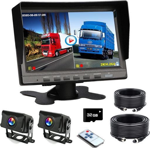 バックカメラモニターセット7インチバックモニタードライブレコーダー前後カメラ32 GBカード付属12 V 24 V対応 RV トレーラー バス トラック 車に適しています