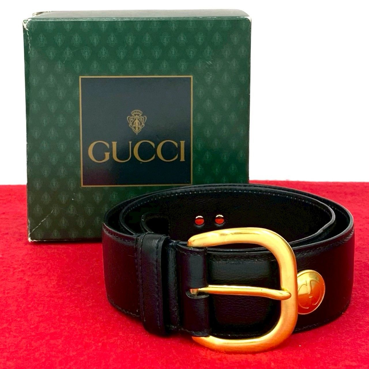 品 き GUCCI グッチ ヴィンテージ GG ロゴ 金具 レザー 本革 ベルト 小物 ブラック 30095