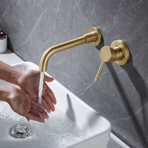 MEOMERシングルハンドル水栓壁に取り付けられたシンク蛇口はブラッシュ金ダブルホール洗面器水栓バスルーム温水と冷たい混合蛇口360°回転ノズル