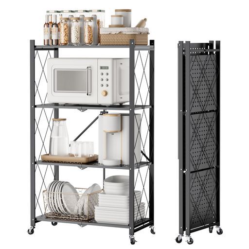 DEWEL折り畳みラック折りたたみ式スチールラックメタルラック4層幅71 CM 360°キャスター付きラック収納ラック収納棚オープンラック移動便利防サビ加工組立簡単レンジ台食器棚寝室書斎応接間