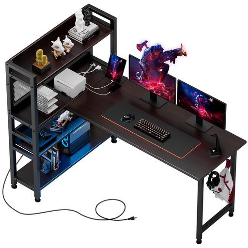 GTPLAYERゲーミングデスクl字コンセント付きledラック付きl字デスク本棚モニターアーム対応棚板高さ調節 左右組み換え自由多層収納壁面収納パンチングボード頑丈なフレームエコな板