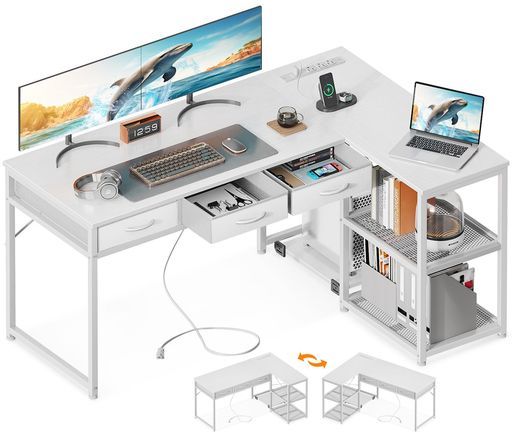 ODKゲーミングデスク引き出し3杯パソコンデスクコンセント付きl字デスクデスク机幅135 pcデスク棚付き収納deskオフィスデスク在宅勤務仕事用組立簡単ホワイト