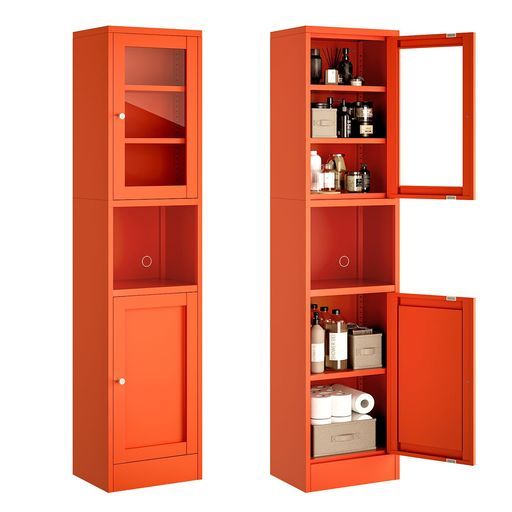 Boegica食器棚キッチン収納金属製キッチンボード幅40 x奥行30 x高さ170 cmカップボードレンジ台ガラス扉付き扉が左右付け替えられる 棚板高さ調節 1700片開きドアオレンジ色