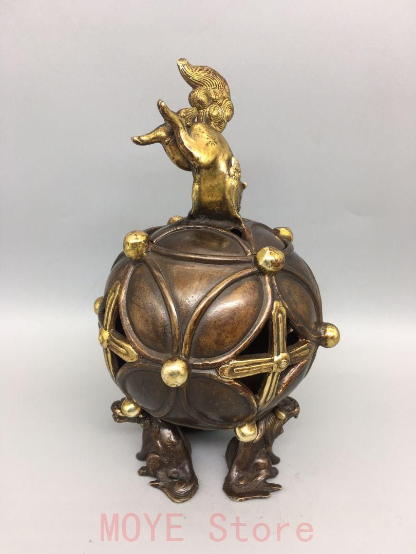 ライオン 香炉 銅器 開運 風水 重厚 極細工 装飾品 工芸品 美術品 置物