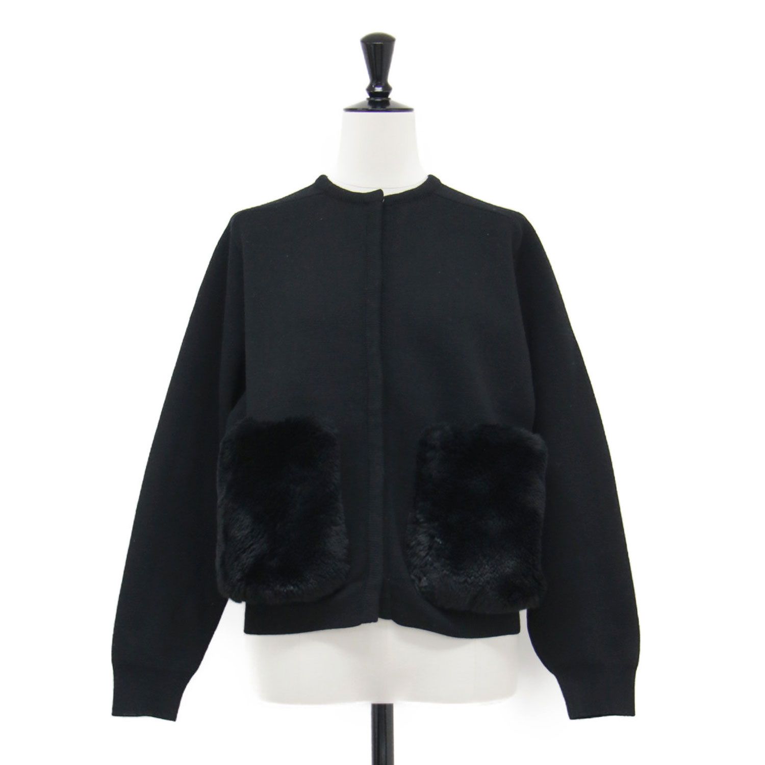 Ballsey ボールジー カーディガン ブラック 黒 サイズ S 9号 23秋冬 ウール ポリエステル ミラノリブ ファーポケット ニット ショート丈 長袖 クルーネック フェイクファー レディース