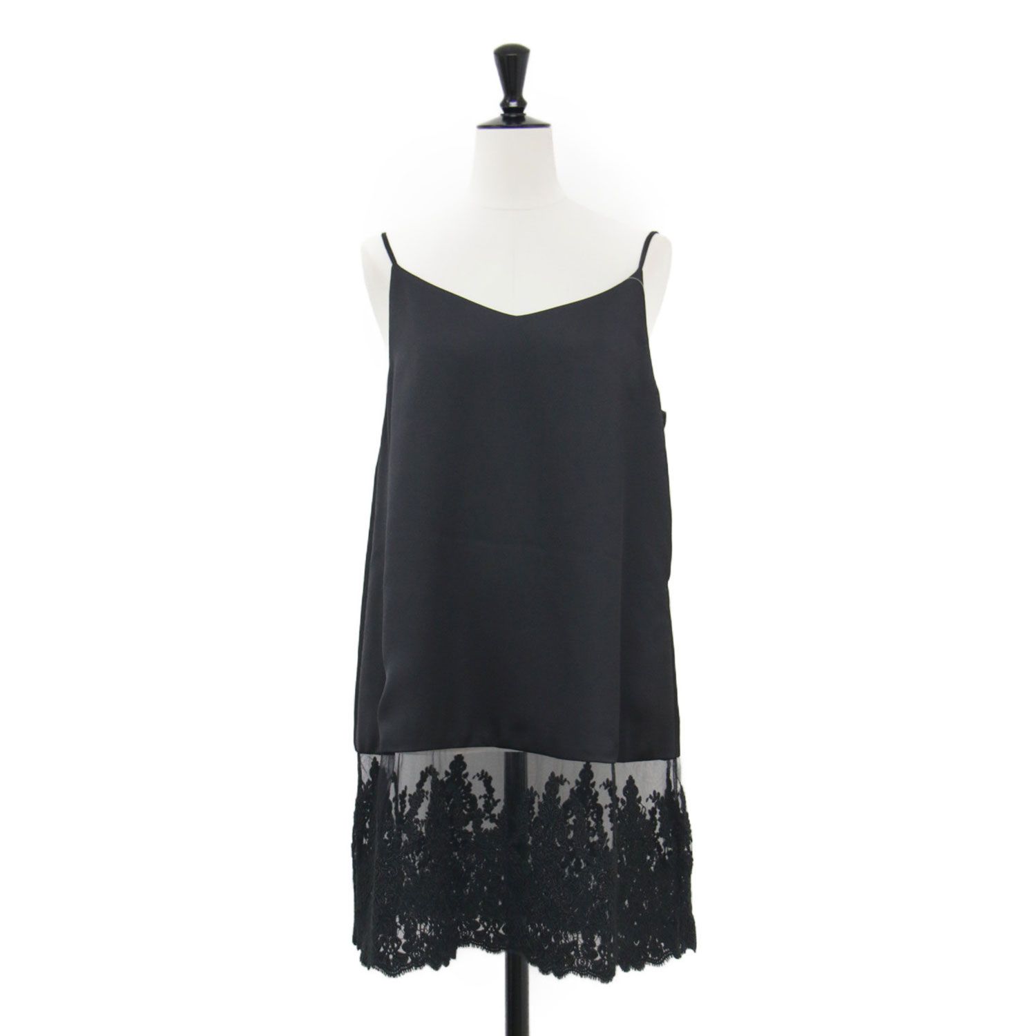 IENA イエナ ワンピース ブラック 黒 サイズ 25秋冬 サテン レース キャミソールワンピース チュニック ミニ丈 チュールレース サテンジョーゼット トップス ドレス レディース