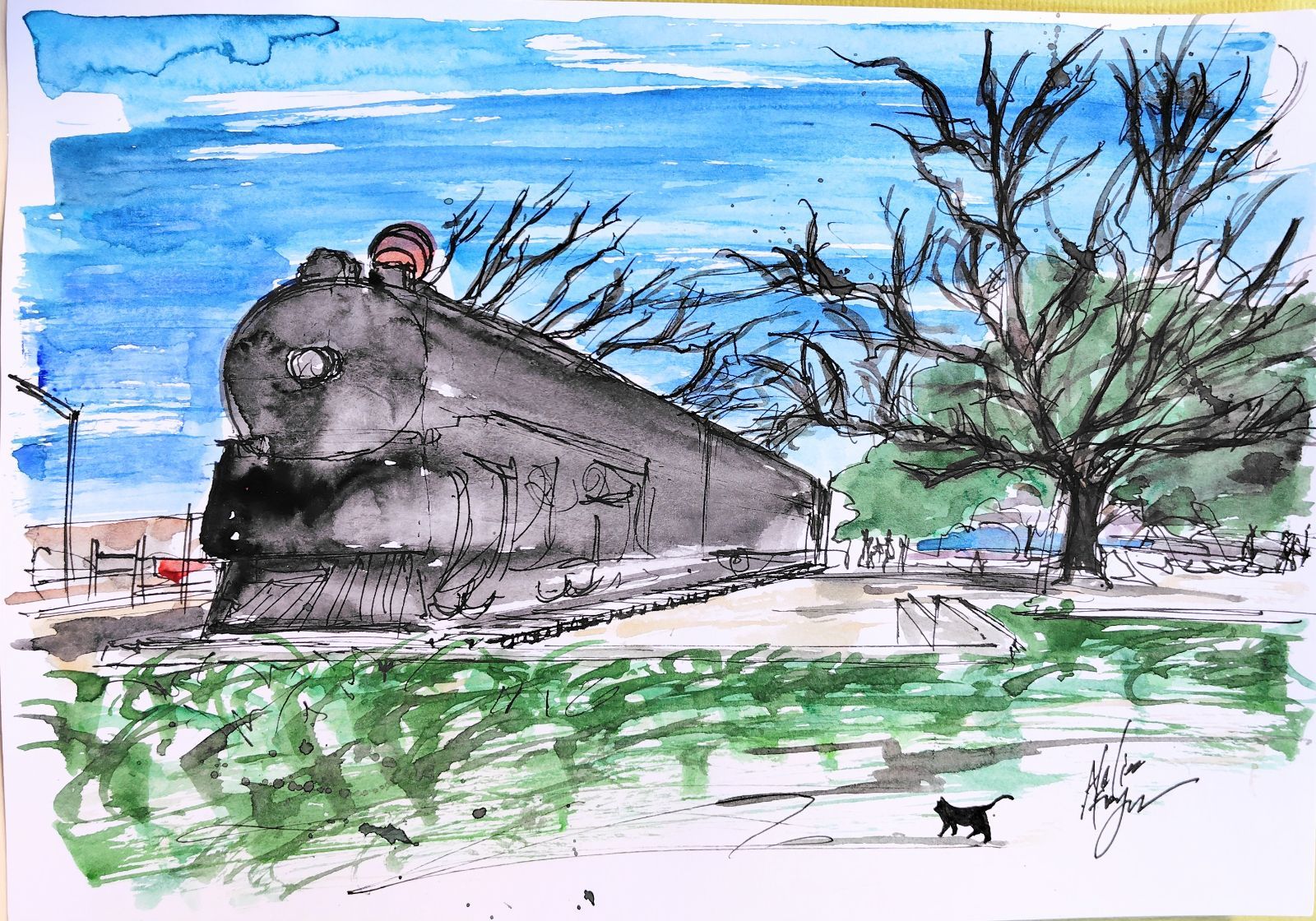 原画#62 アリゾナ 汽車 黒猫 水彩画 ドローイング インテリア イラスト