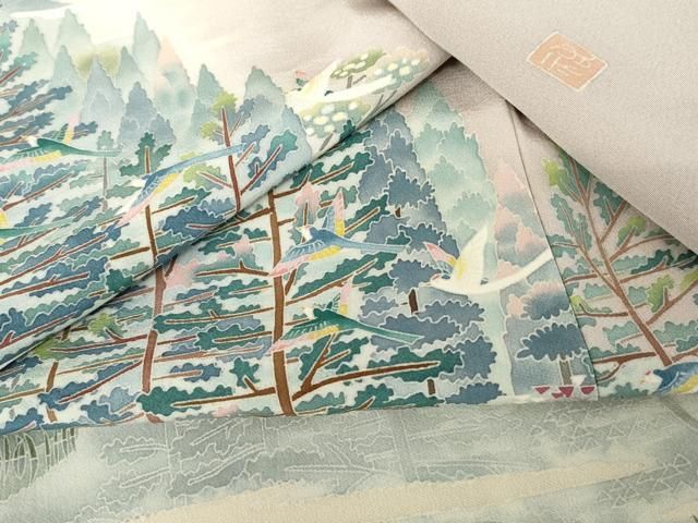 色留袖 飛鳥樹林風景文