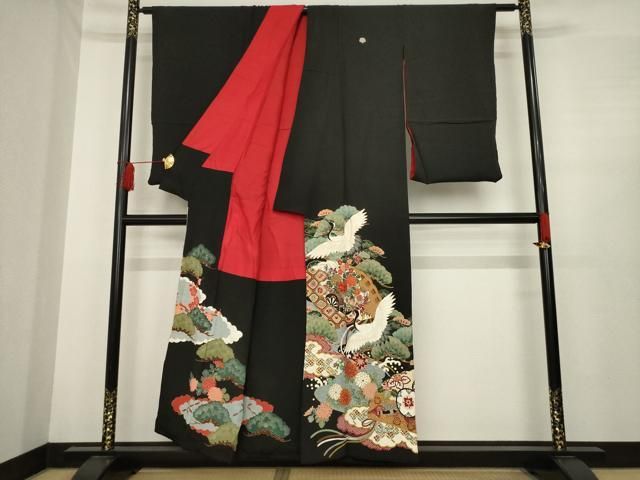 平和屋着物 アンティーク 大正ロマン 黒留袖 扇面飛鶴花車文 正絹 ck