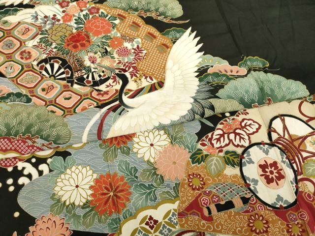 黒留袖 扇面飛鶴花車文