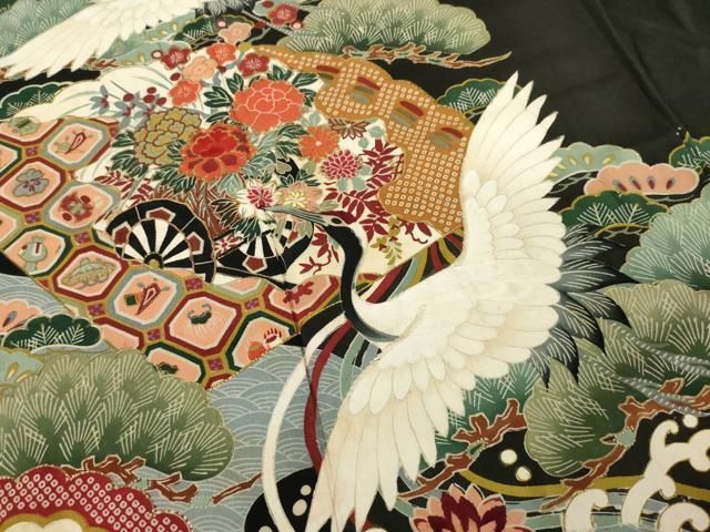 黒留袖 扇面飛鶴花車文