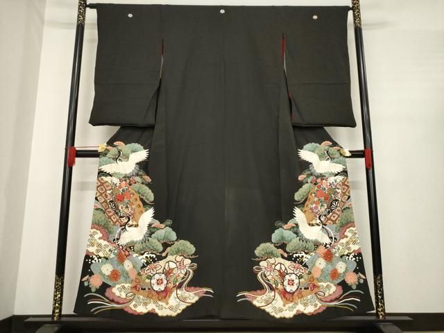 平和屋着物 アンティーク 大正ロマン 黒留袖 扇面飛鶴花車文 正絹 ck