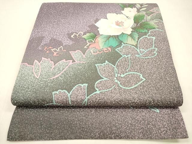 平和屋着物 太鼓柄袋帯 草花文 金彩 銀通し地 正絹 cm