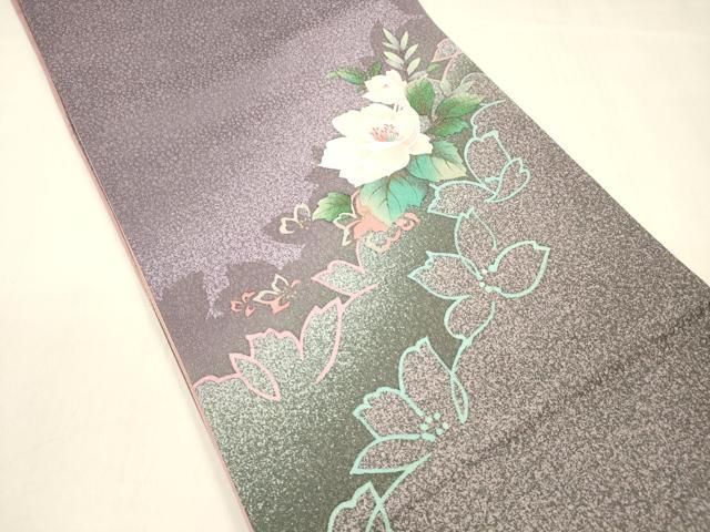 平和屋着物 太鼓柄袋帯 草花文 金彩 銀通し地 正絹 cm