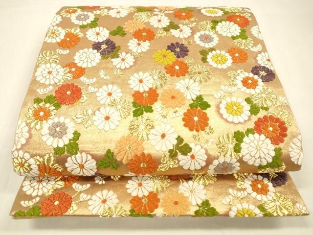 平和屋着物 六通柄袋帯 紅花染 唐織 草花文 金糸 正絹 cm