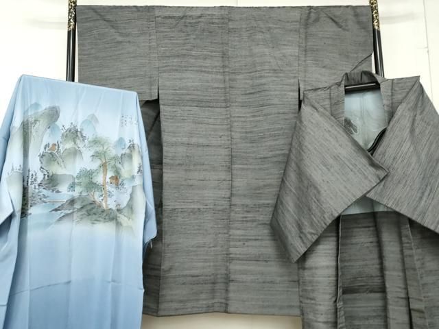 平和屋着物 男性 紬 アンサンブル 長襦袢 袷 セット 横段文 正絹 cs