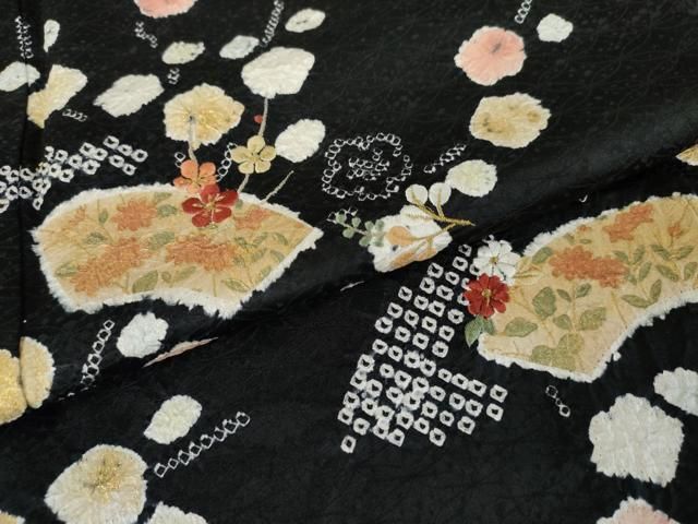 平和屋着物○訪問着 絞り 刺繍 地紙枝梅文 黒地 金糸 金彩 正絹 逸品
