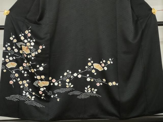 平和屋着物●訪問着　絞り　刺繍　枝梅　金糸　金彩　正絹　逸品　AABE2770cs 平和屋着物○訪問着 絞り 刺繍 地紙枝梅文 黒地 金糸 金彩 正絹 逸品