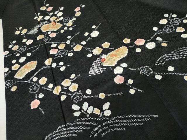 平和屋着物○訪問着 絞り 刺繍 地紙枝梅文 黒地 金糸 金彩 正絹 逸品