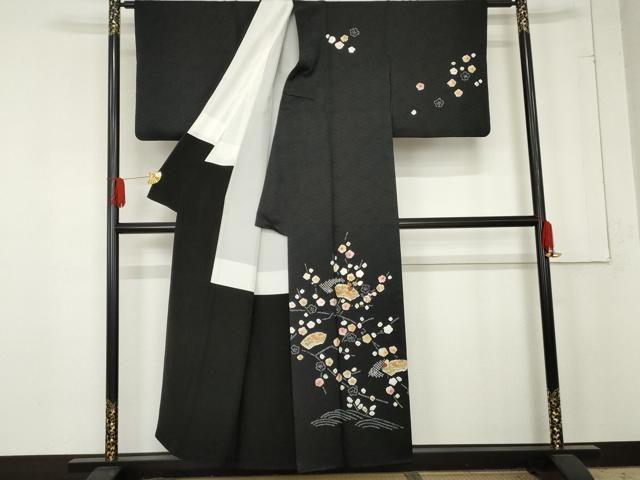 平和屋着物○訪問着 絞り 刺繍 地紙枝梅文 黒地 金糸 金彩 正絹 逸品