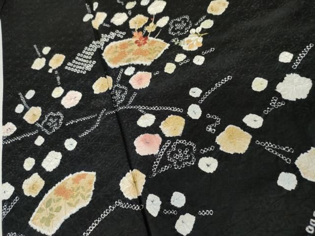 平和屋着物○訪問着 絞り 刺繍 地紙枝梅文 黒地 金糸 金彩 正絹 逸品