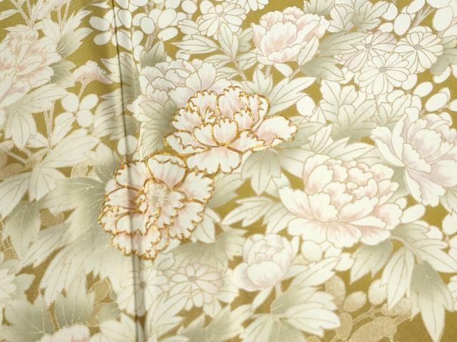 平和屋着物●訪問着　駒刺繍　牡丹草花文　金通し地　正絹　逸品　CABB4079yc 平和屋着物○訪問着 駒刺繍 牡丹草花文 金通し地 正絹 逸品 CABB4079yc