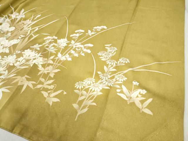 平和屋着物●訪問着　駒刺繍　牡丹草花文　金通し地　正絹　逸品　CABB4079yc 平和屋着物○訪問着 駒刺繍 牡丹草花文 金通し地 正絹 逸品 CABB4079yc