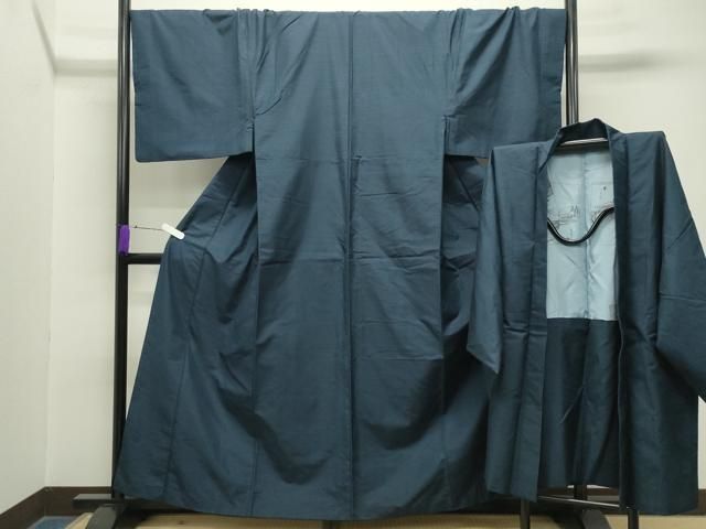 平和屋着物 男性 紬 アンサンブル 霞文 濃藍色 キングサイズ 正絹 gh