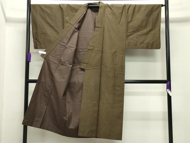 平和屋着物 男性 紬 アンサンブル 霞文 鶯茶色 正絹 gh