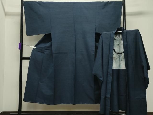 平和屋着物 男性 紬 アンサンブル 霞文 鉄紺色 正絹 gh