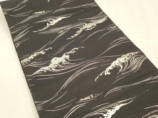 平和屋着物 アンティーク 大正ロマン 丸帯 流水文 黒地 銀糸 正絹 cm