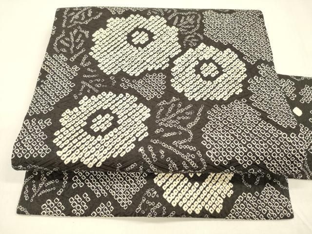 平和屋着物 全通柄九寸名古屋帯 総絞り 草花文 黒地 正絹 cm