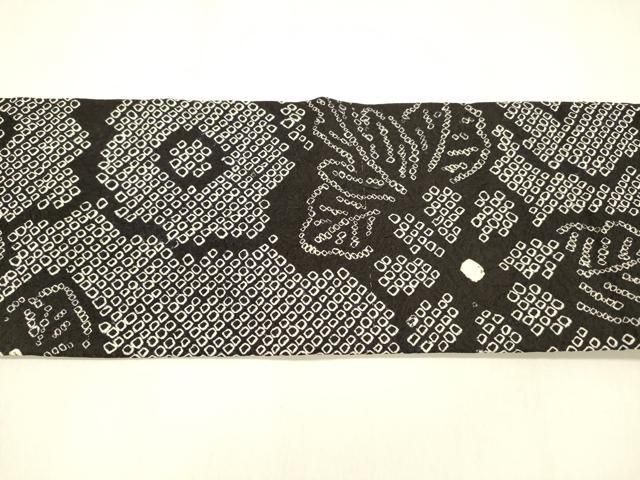 平和屋着物○全通柄九寸名古屋帯 総絞り 草花文 黒地 正絹 逸品