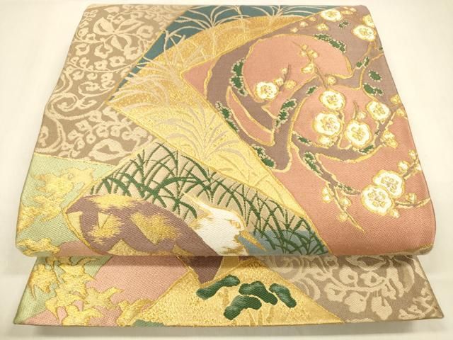 平和屋着物 六通柄袋帯 唐織 風景飛鳥枝花松文 金糸 正絹 cm