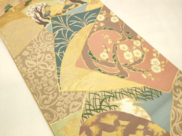 平和屋着物 六通柄袋帯 唐織 風景飛鳥枝花松文 金糸 正絹 cm