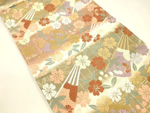 平和屋着物 六通柄袋帯 唐織 扇面花蝶文 金糸 正絹 cm