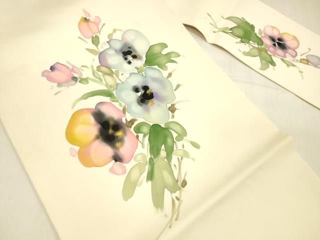 平和屋着物 塩瀬 九寸名古屋帯 手描き 草花文 金彩 正絹 cm