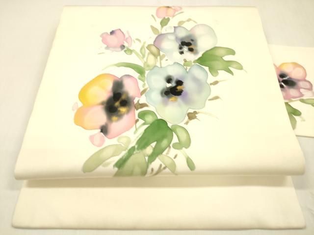 平和屋着物 塩瀬 九寸名古屋帯 手描き 草花文 金彩 正絹 cm