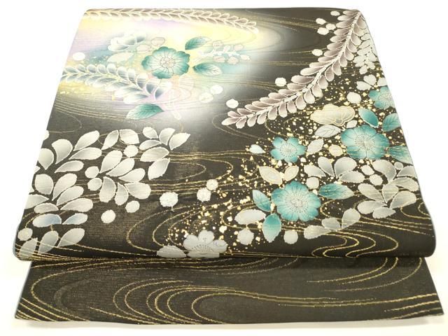 平和屋着物○太鼓柄袋帯 絞り 流水辻が花 黒地 金糸 正絹 逸品