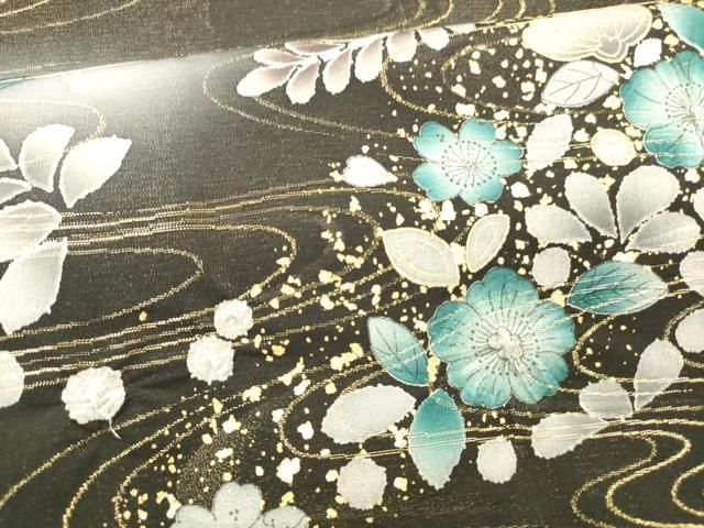 平和屋着物○太鼓柄袋帯 絞り 流水辻が花 黒地 金糸 正絹 逸品