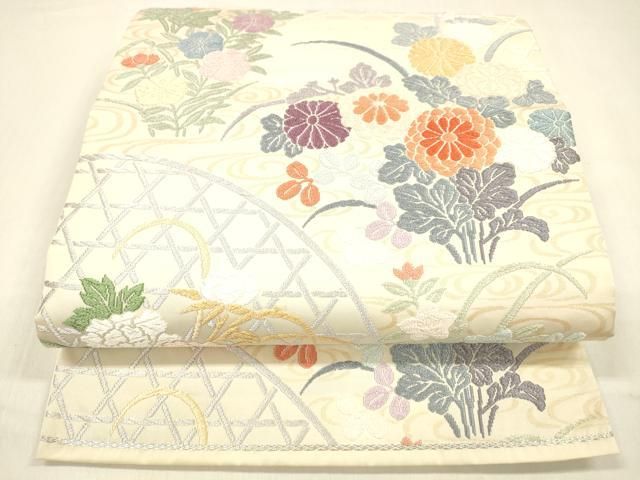 平和屋着物 六通柄袋帯 唐織 流水籬草花文 金糸 正絹 cm