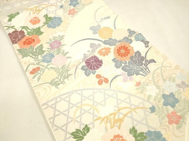 平和屋着物 六通柄袋帯 唐織 流水籬草花文 金糸 正絹 cm