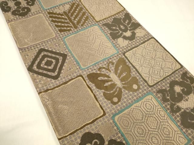 平和屋着物 六通柄袋帯 唐織 松葉花蝶文 正絹 cm