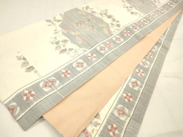 平和屋着物●両面　全通柄袋帯　小千谷紬　　有栖川花間道　正絹　逸品　DABA6036op 平和屋着物○両面 全通柄袋帯 小千谷紬 有栖川文様 間道 正絹 逸品